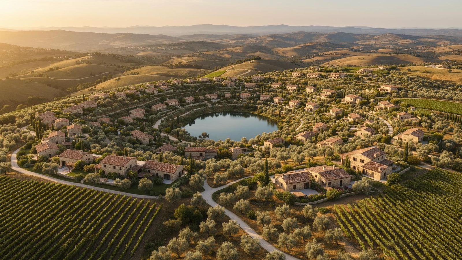 Painterly aerial render of the imagined village