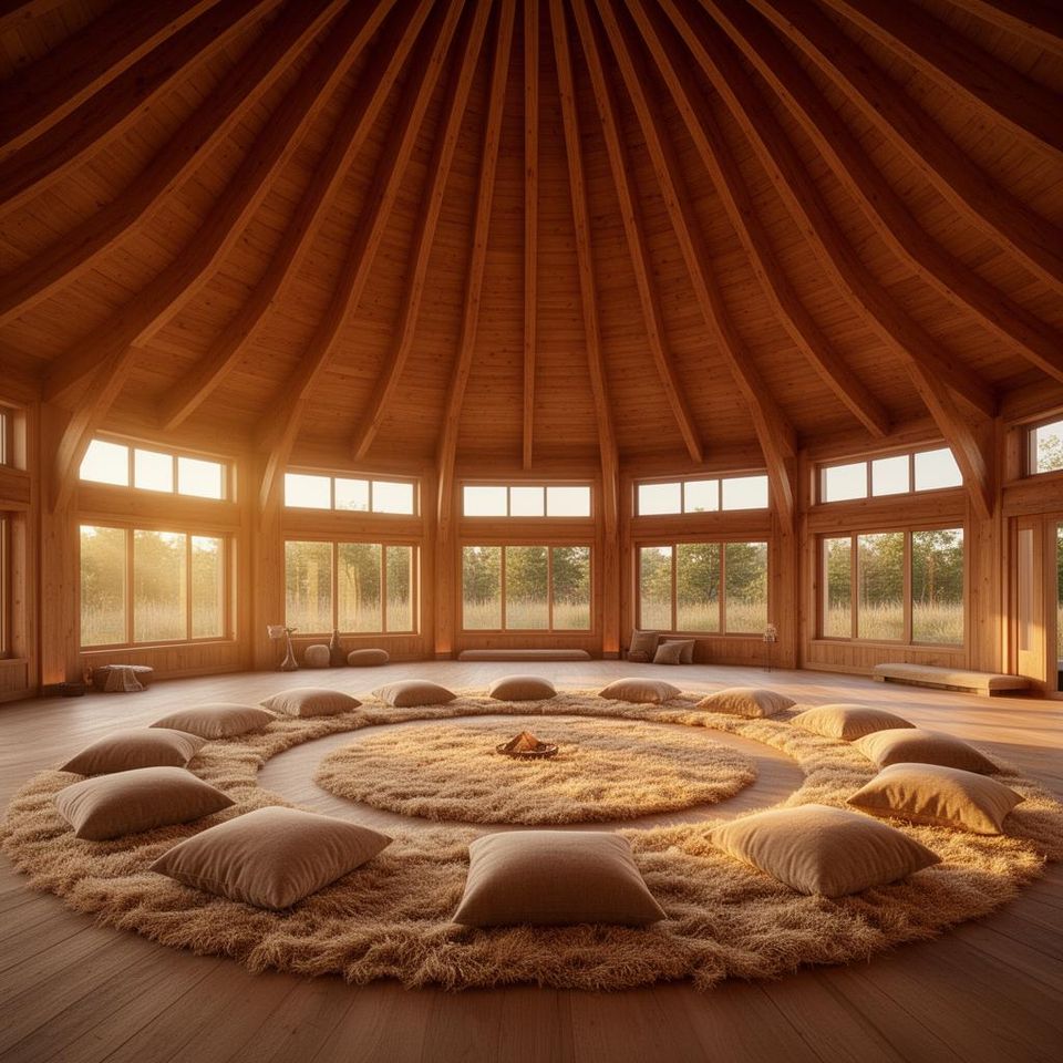 Painterly render of a circular communal hall with cushions in a ring