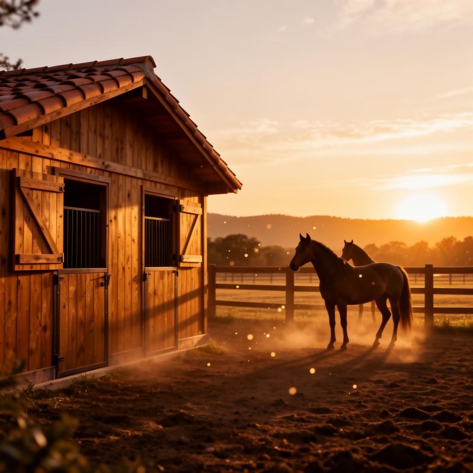 Painterly render of wooden stables and two horses silhouetted at sunset