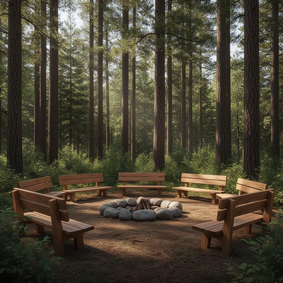 Painterly render of an open-air forest classroom under tall pines