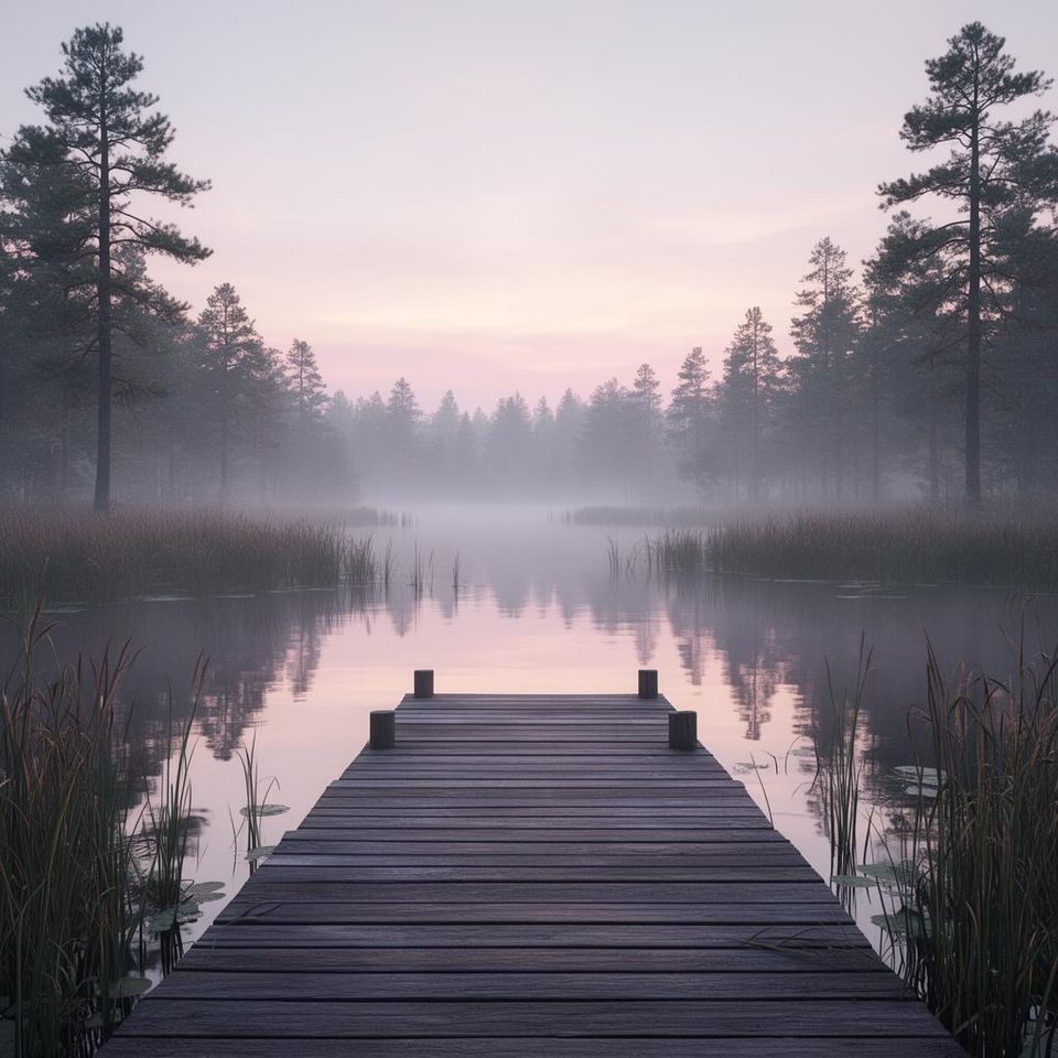 Painterly render of a still misty lake with a wooden jetty at dawn