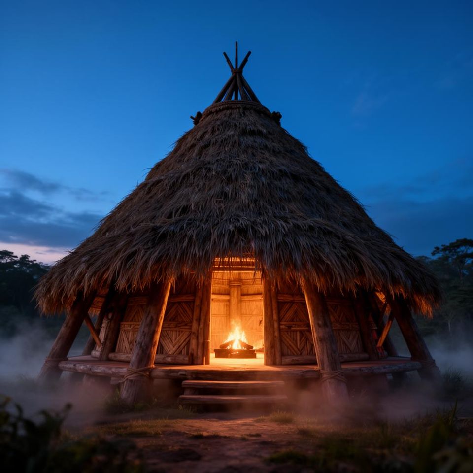 Painterly render of a thatched conical maloka glowing at dusk