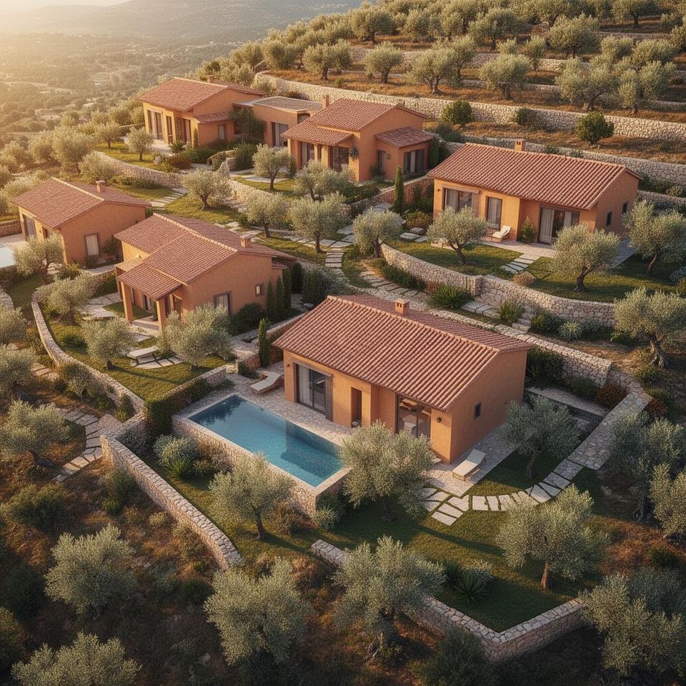 Painterly aerial render of a cluster of Mediterranean eco-homes on a hillside