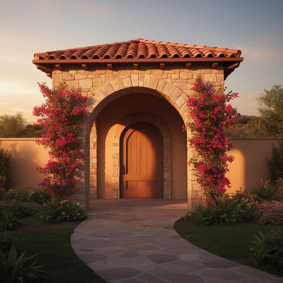 Painterly render of an arched stone welcome pavilion at golden hour