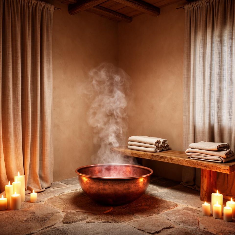 Painterly render of a warm stone healing room with a steaming basin
