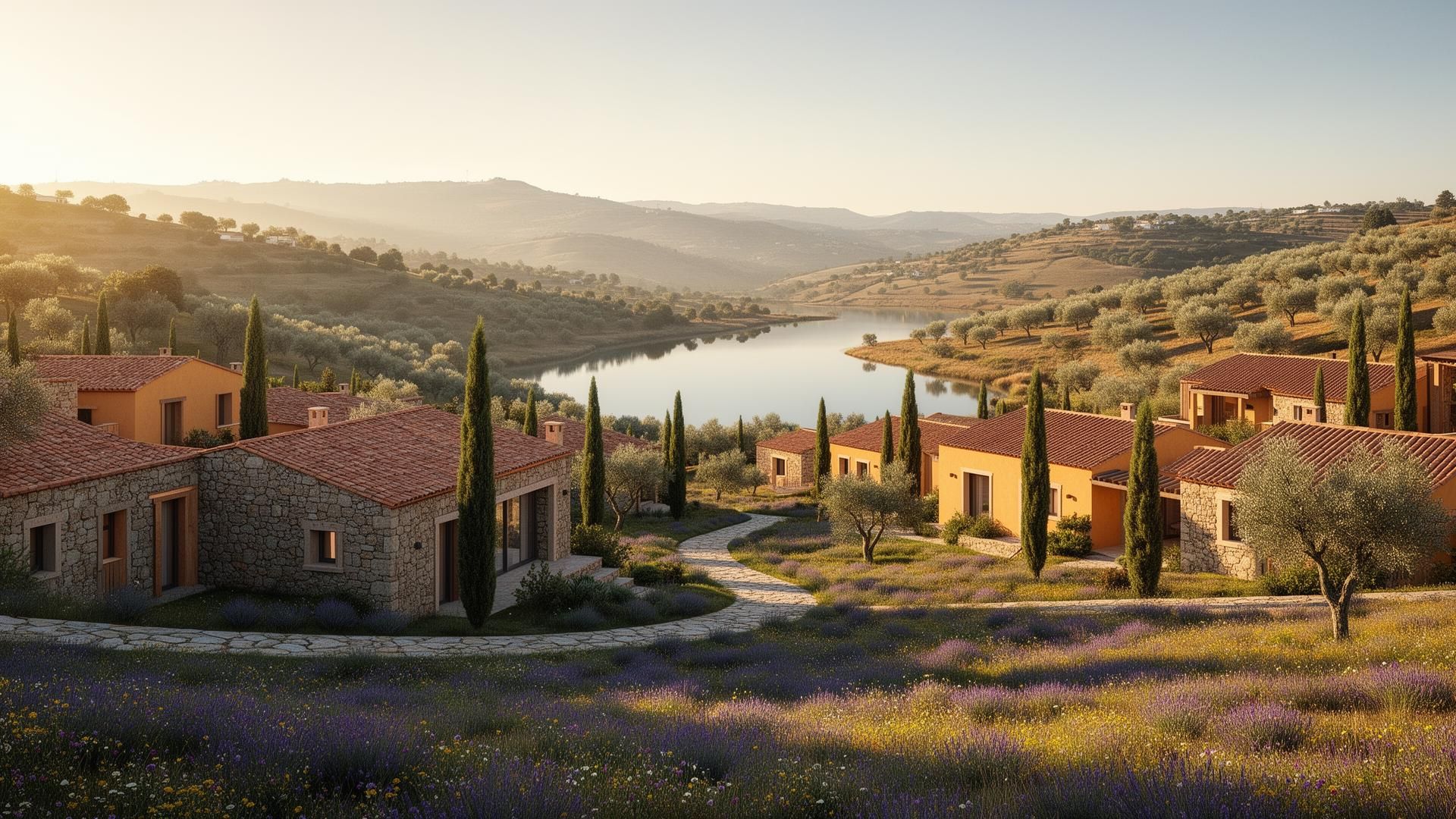 A painterly render of a Mediterranean wellness village at golden hour