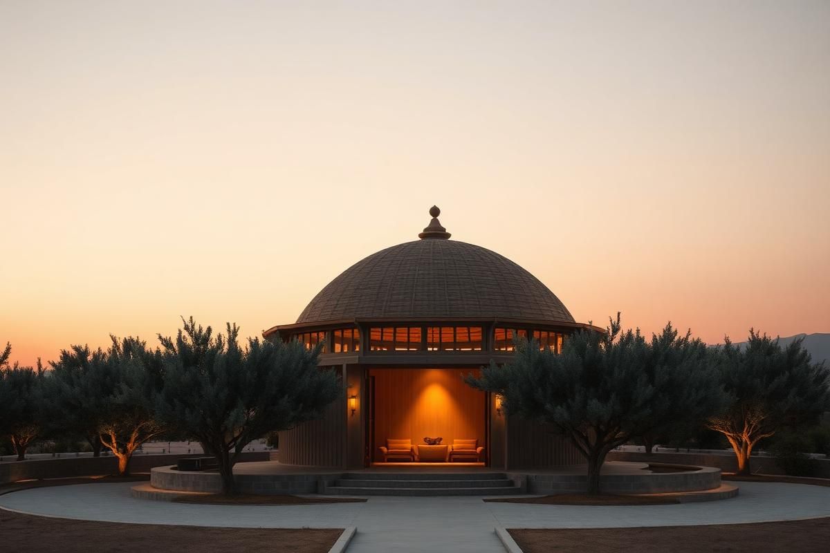 Painterly ceremonial dome at dusk